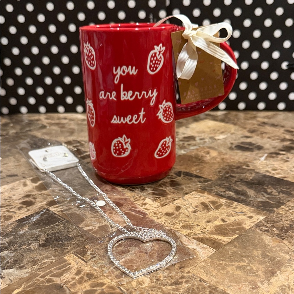 BERRY BUNDLE: Rae Dunn OVERSIZED Red Strawberry 🍓 Mug w/ Heart Necklace set NWT
